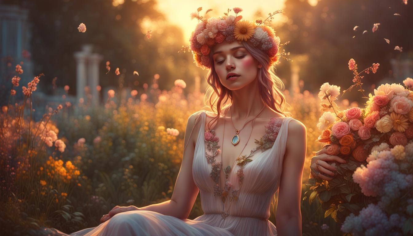 Romantic Woman in Secret Garden, Golden Hour Portrait