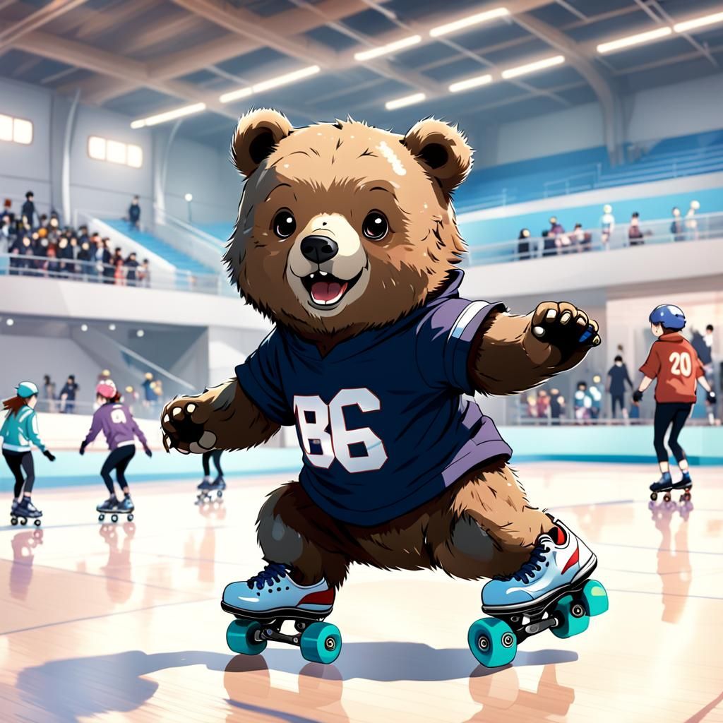 Baby Bear on Roller Skates in Anime Style