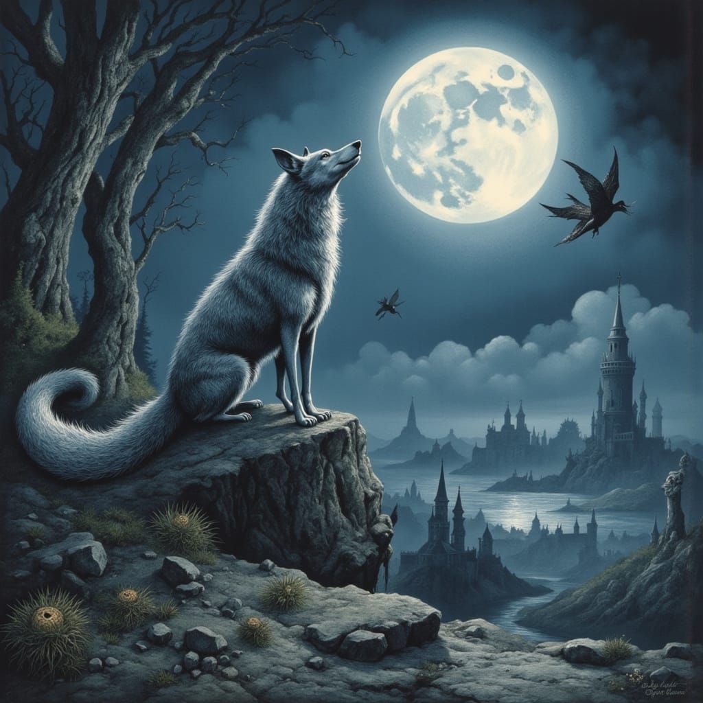 Wolf in a Fantastical Landscape, Howling at the Moon