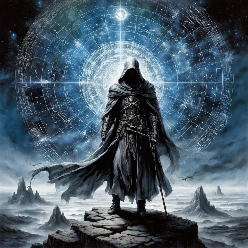 Floating Manuscripts Celestial Map in Dreamlike Landscape