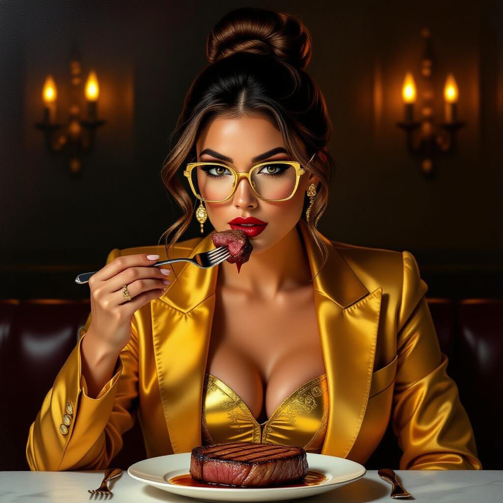 Elegant Woman Enjoys Steak Dinner in Warm Light