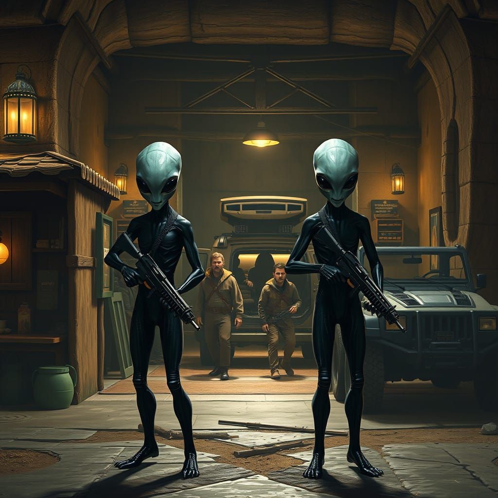 Ominous Aliens Herd Men towards Futuristic Jeep