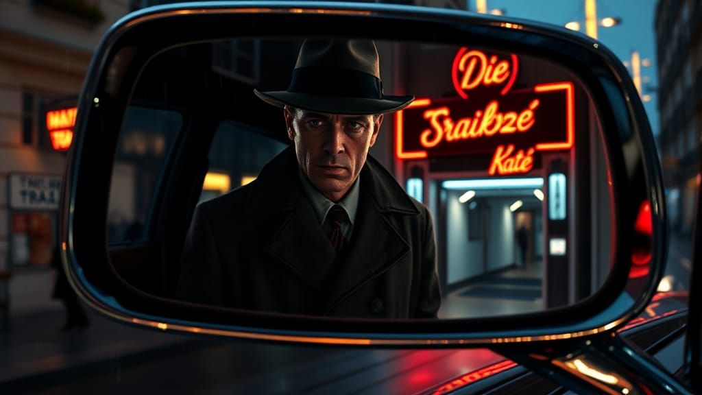 Spy in Berlin Reflected in Car Mirror, Film Noir