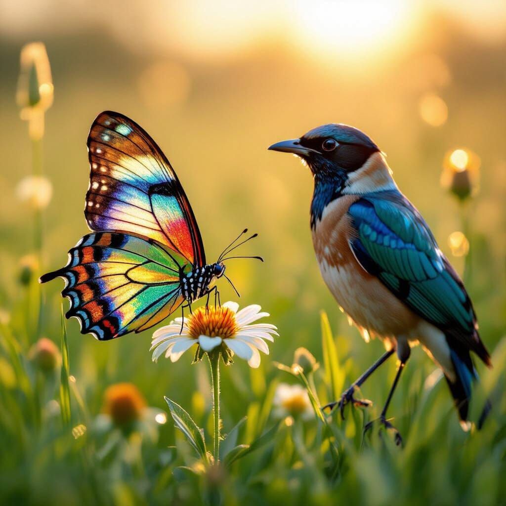 Iridescent Butterfly and Bird in Golden Sunlight
