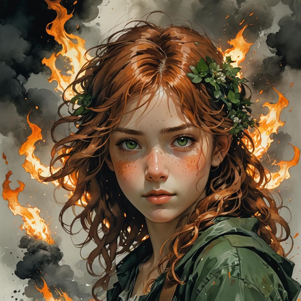 Fiery Portrait of a Smiling Girl in Watercolor Style