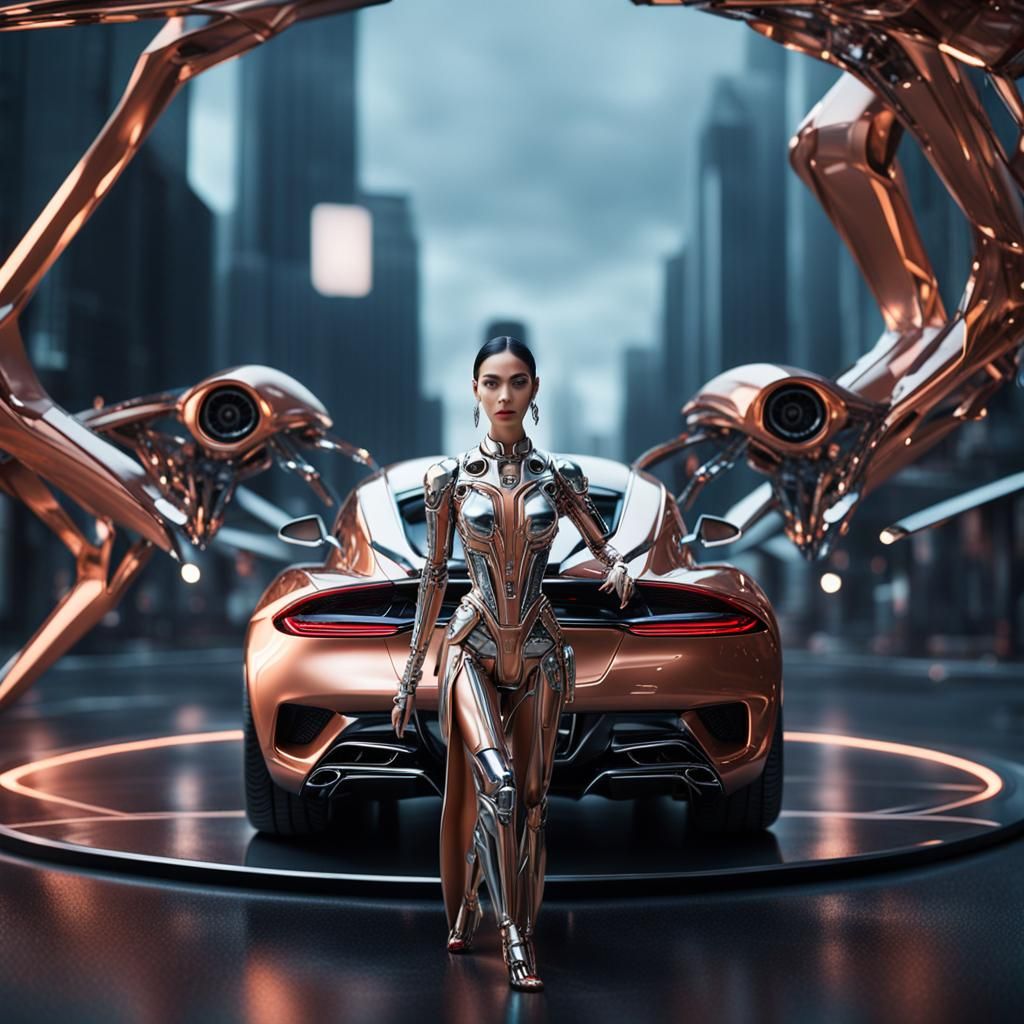 Miniature Cyborg Woman Poses in Futuristic Scene