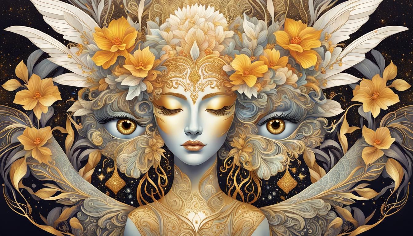 Surreal Portrait: Floral Meets Angelic in Art Nouveau Style