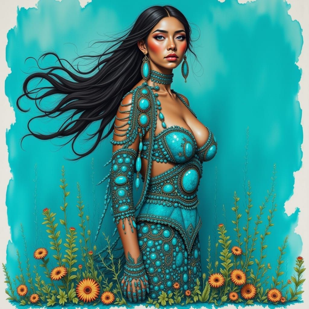 Native American Woman in Turquoise, Dreamlike Art