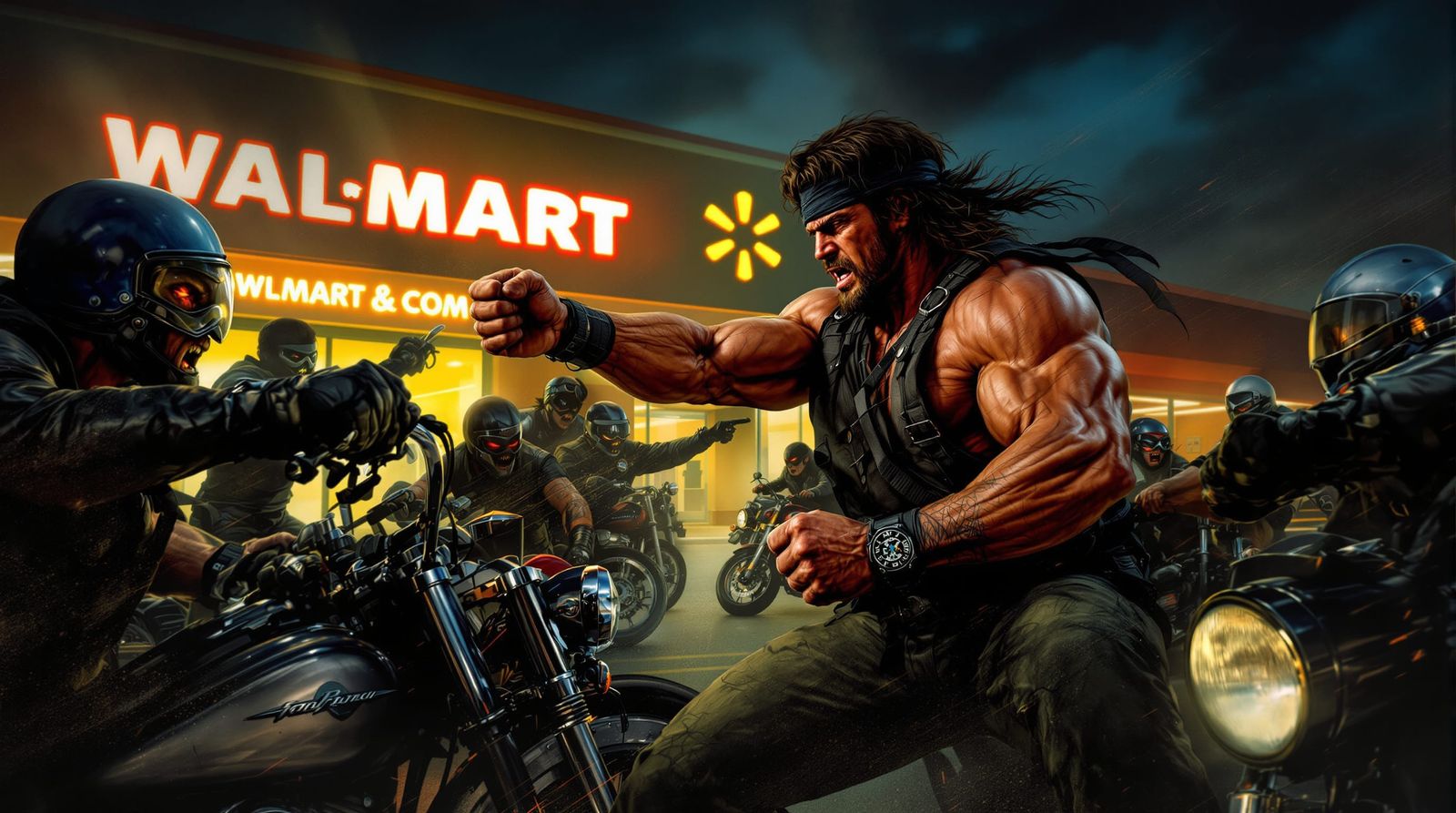 Rambo Fist-Fighting Bikers Outside Walmart