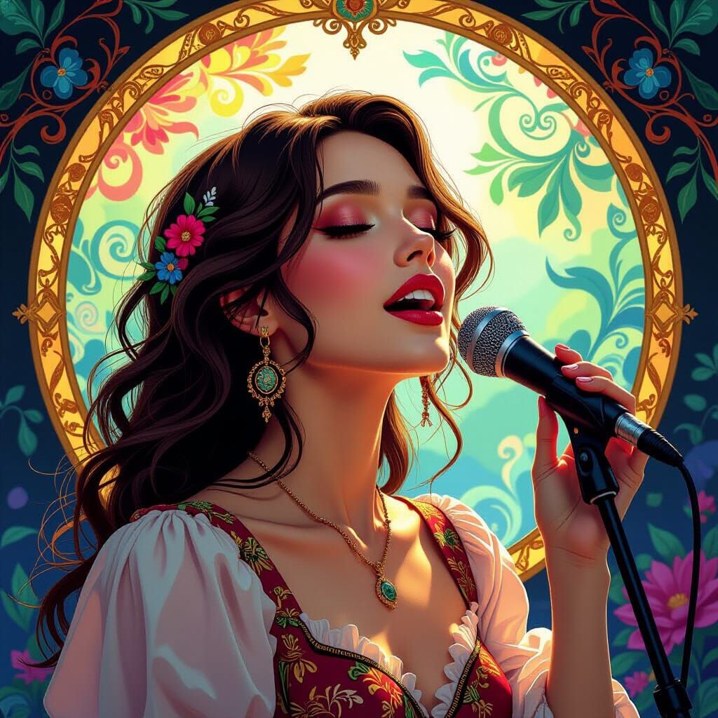 Woman Sings in Vibrant Musical Landscape, Detailed Portrait