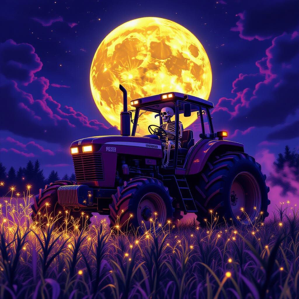 Skeleton Farmer Harvesting Glowing Weeds on Monstrous Tracto...