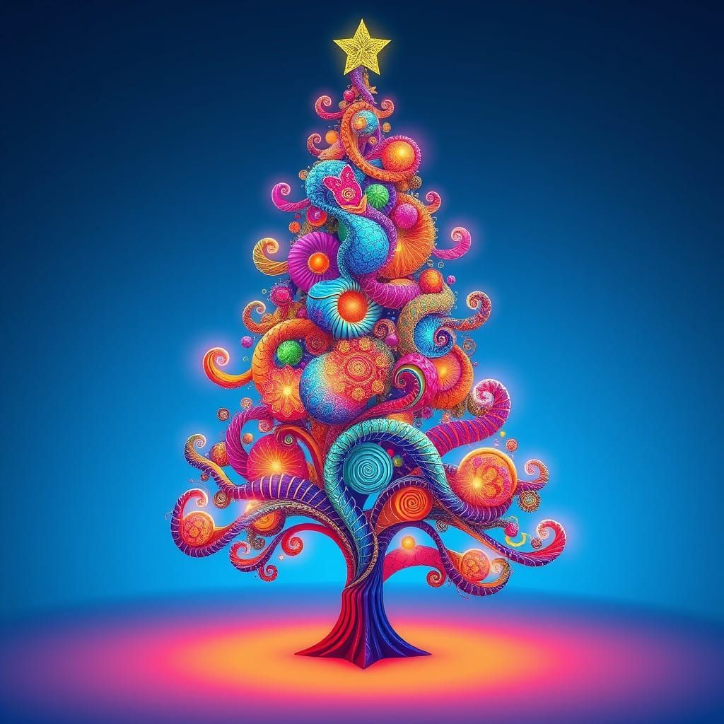 Vibrant, Futuristic Christmas Tree with Intricate Fractal Pa...