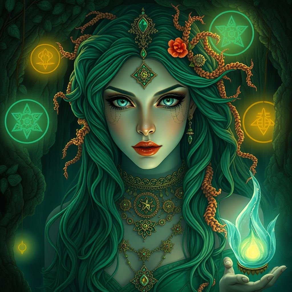 Mysterious Sorceress in Grotto: Art Nouveau Portrait