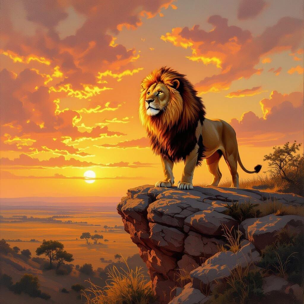 Lion with Fiery Mane in Classical Oil Painting Style