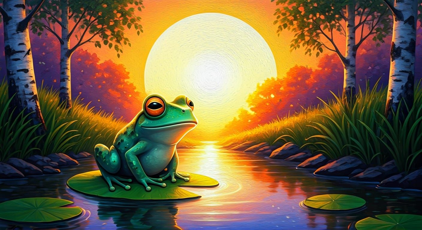 Chibi Frog on Lilypad: Impasto Expressionist Painting