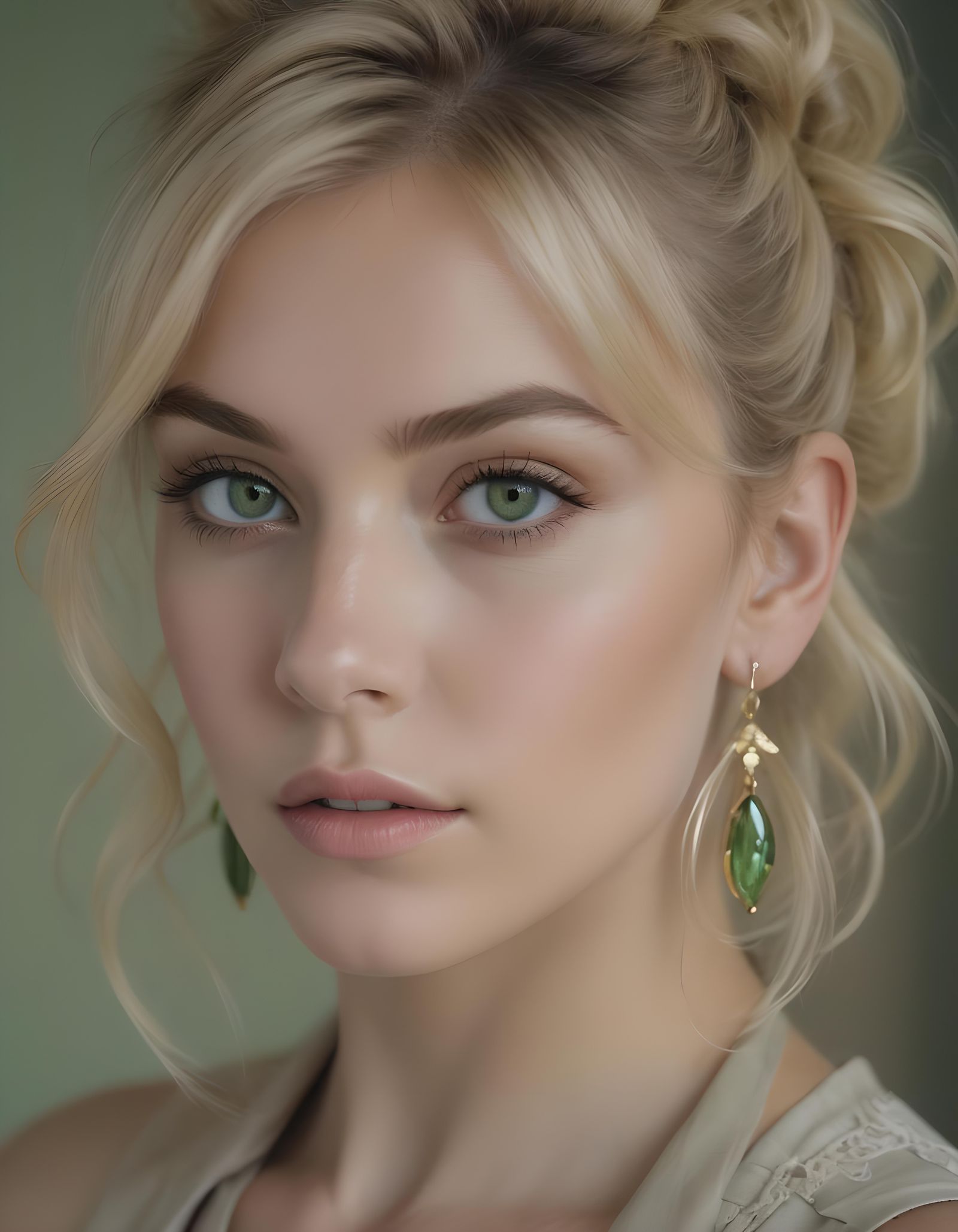 Blonde Woman with Artistic Earrings, Photorealistic Portrait