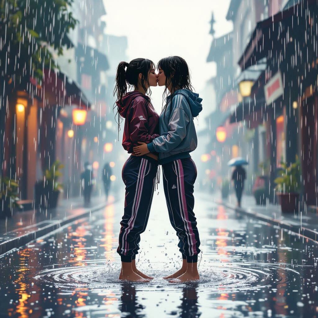 Lesbian Couple Kissing in Rain, Atmospheric Matte Painting