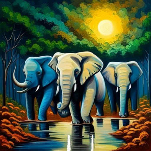 Blue Elephant Herd in Forest: Expressionist Oil Painting