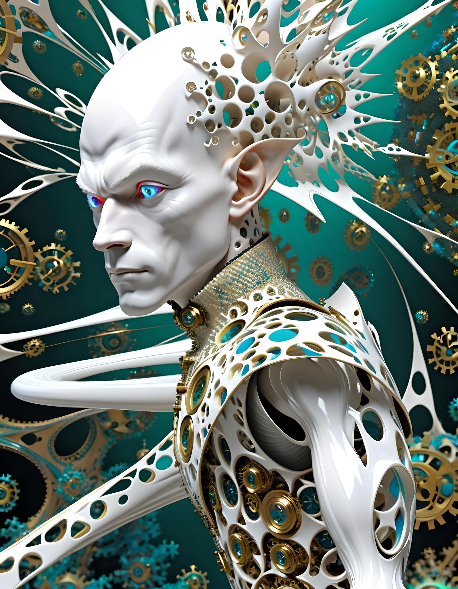 Biopunk Albino in Fractal Clockwork, Ultra-Detailed 3D