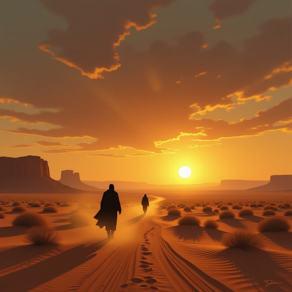 Solitary Figure Walks Desert Path at Golden Hour