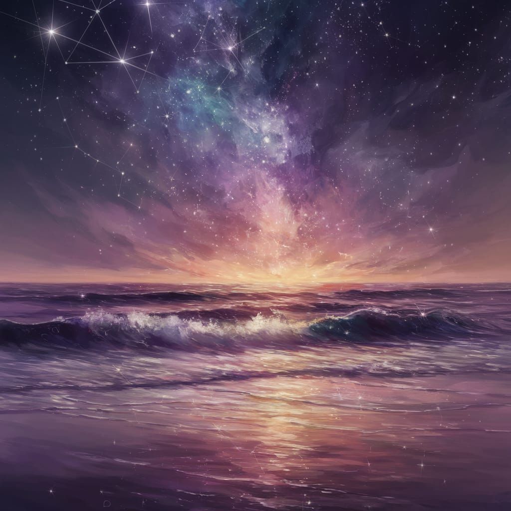 Surreal Seascape Under Starlit Skies in Jewel Tones