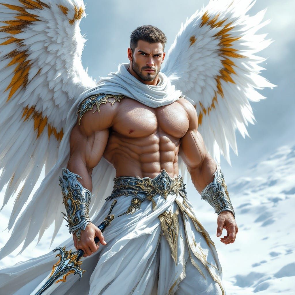 Heroic Angel Warrior in Snowy Landscape