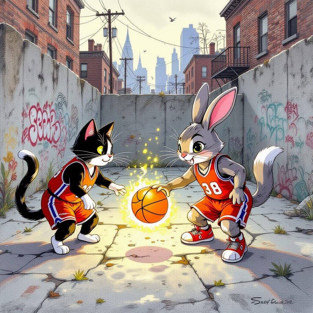 Anthropomorphic Pets Play Basketball: Pencil Sketch
