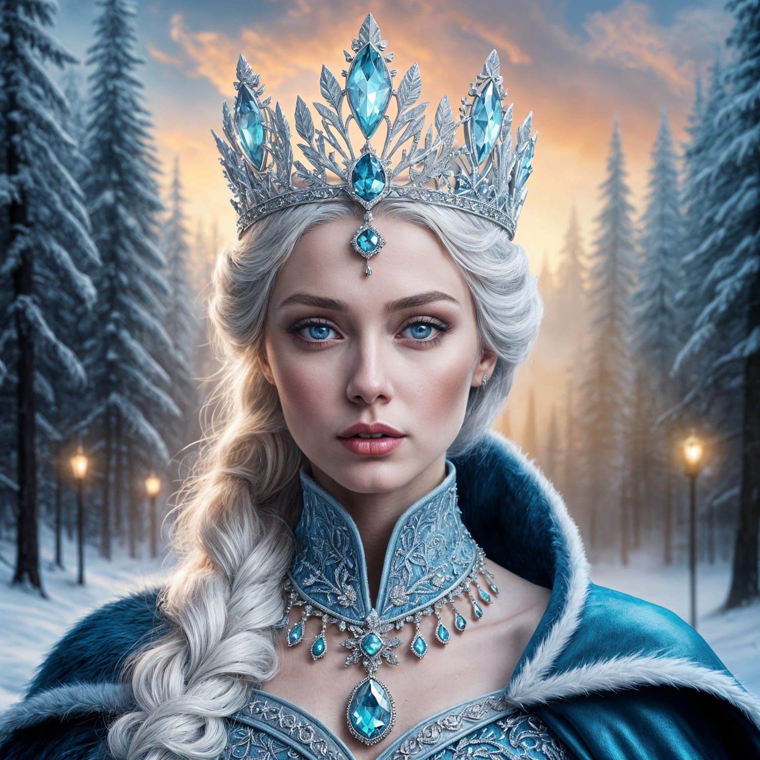 Snow Queen Portrait with Aurora Borealis Backdrop