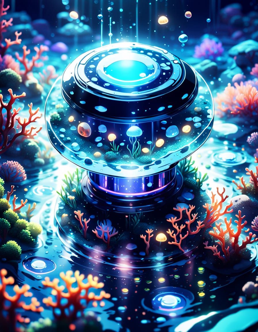 Blue Button on Ocean Floor in Anime Style