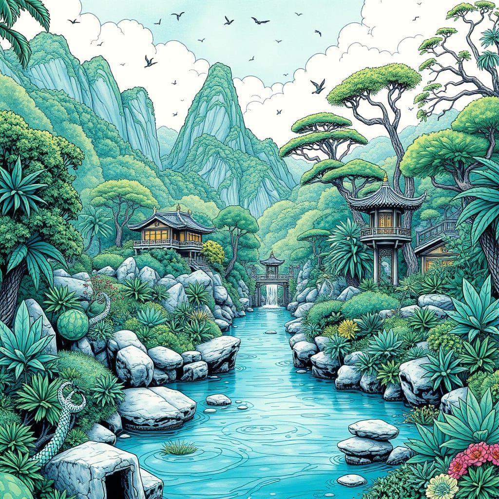 Zen Paradise Landscape in Ink Style Art