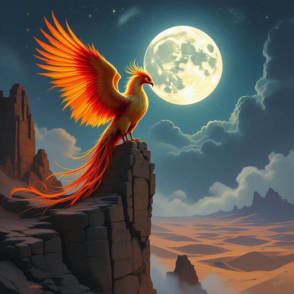 Majestic Phoenix on Ancient Ruins Under Starlit Desert Sky