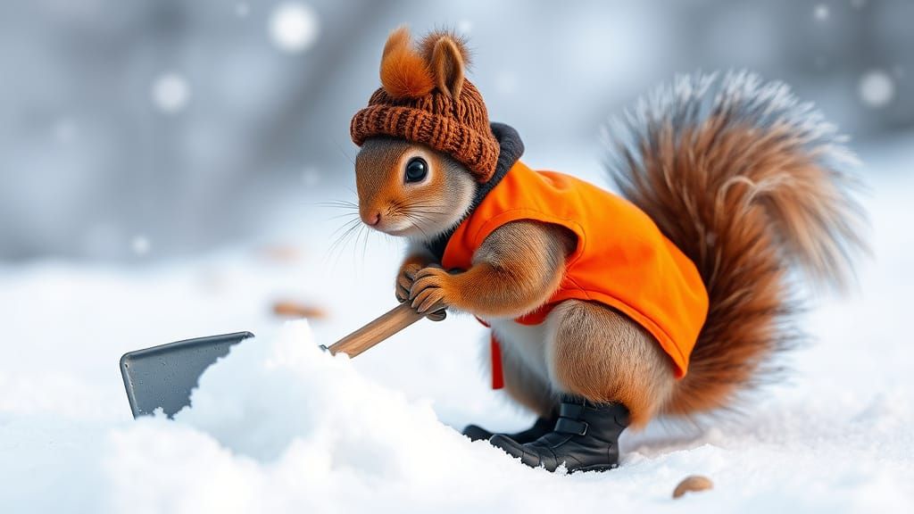 Squirrel in Winter Gear Digging for Peanuts