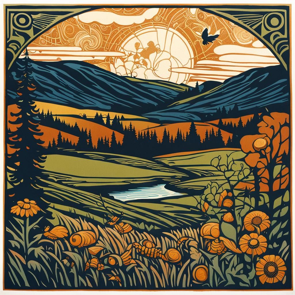 Vermont Landscape Woodcut in Art Nouveau Style