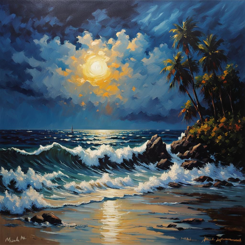 Impressionistic Ocean at Night in Deep Blues