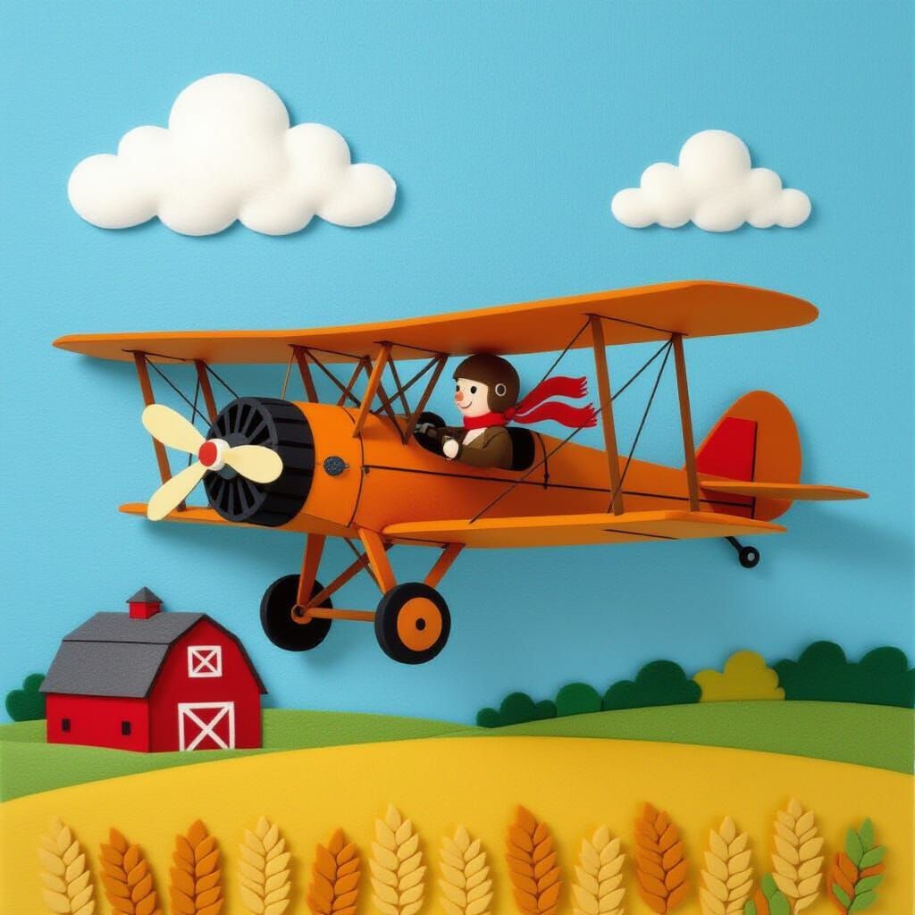 Felt Art Biplane Flying Over Barn and Wheat Field