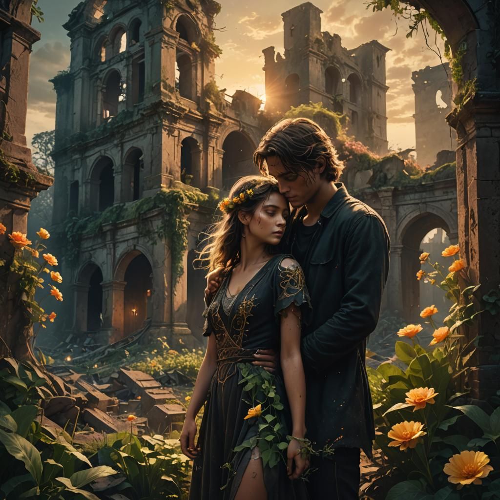 Hopeful Couple in Ruined Cityscape: Dark Fantasy Art