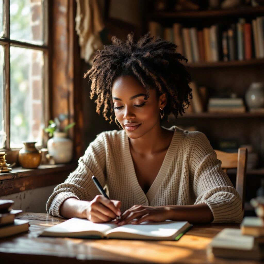 Young Woman Writing Thoughtfully in Sunlit Room