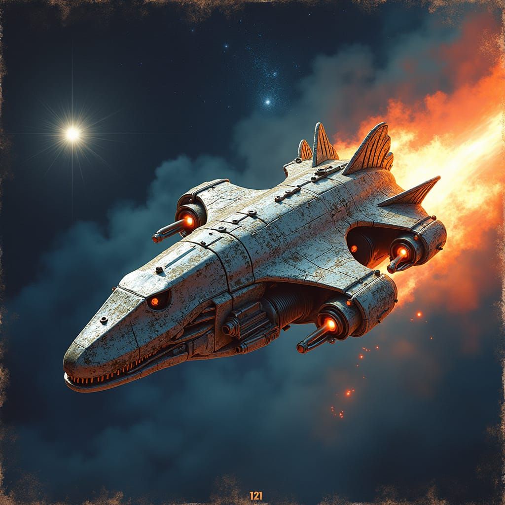 Dinosaur Spaceship in Retro-Futuristic Style