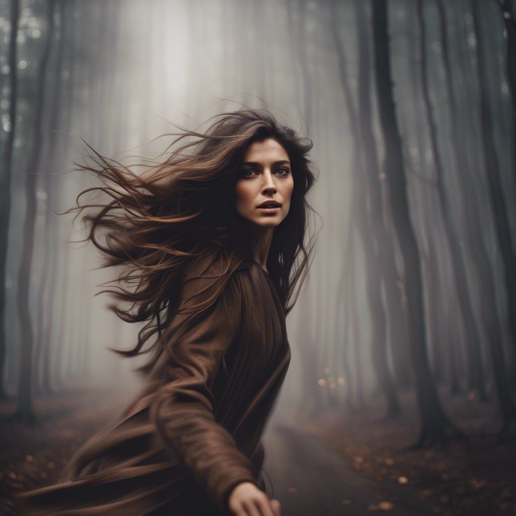 Wavy Brown Hair Flowing in Foggy Forest