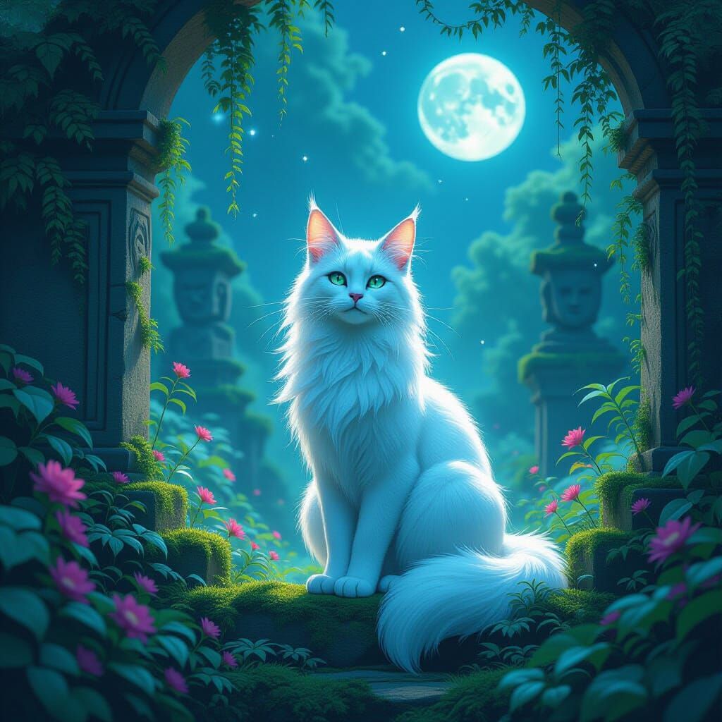 Bioluminescent Feline in Alien Garden Under Twin Moons