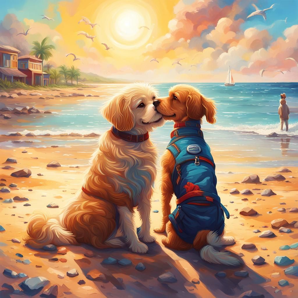 Adorable Dogs Hugging on Beach: Hyperrealistic Splash Art