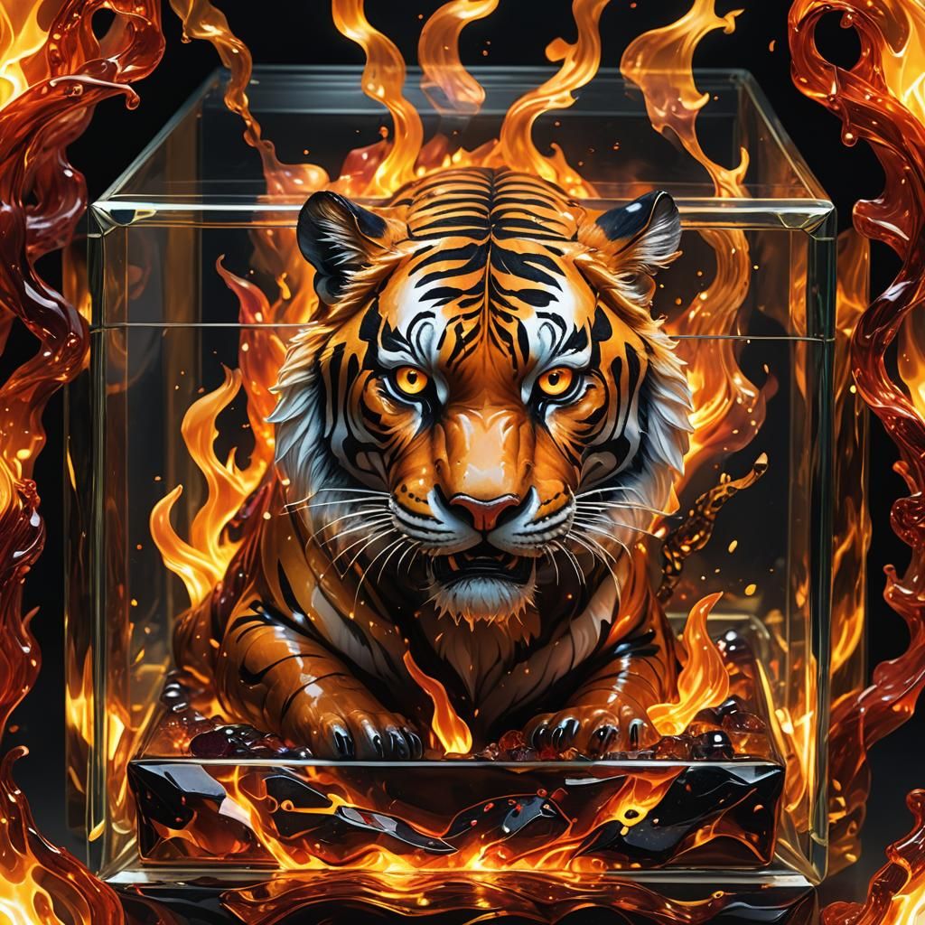 Fiery Tiger in Glass Box: Dark Fantasy Illustration