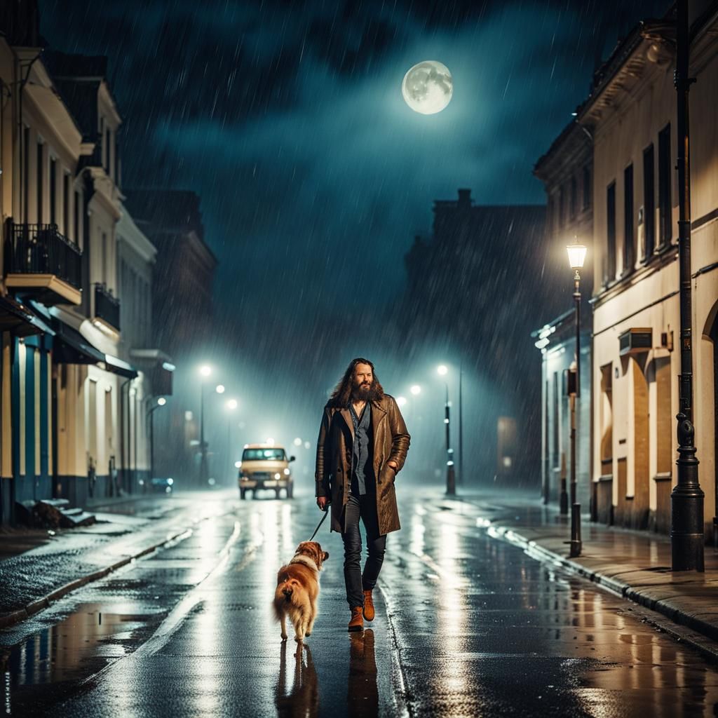 Man and Dog Walk in Retro Rainy Night