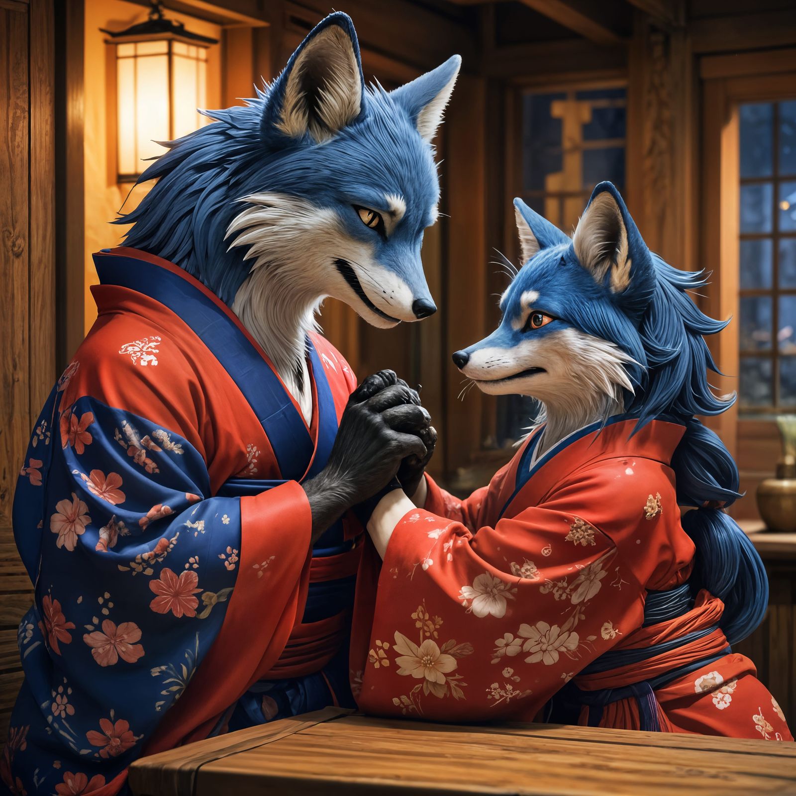 Anthropomorphic Fox and Wolf Engage in Lighthearted Arm Wres...