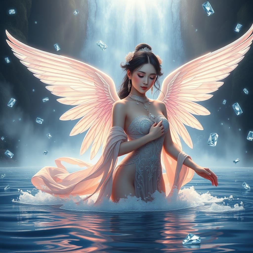 Kinnaree with Angel Wings in Diamond Waterfall