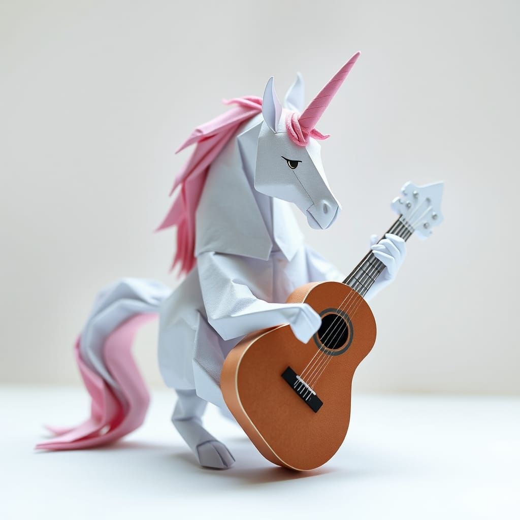 Unicorn Plays Guitar in Origami Papercraft Style