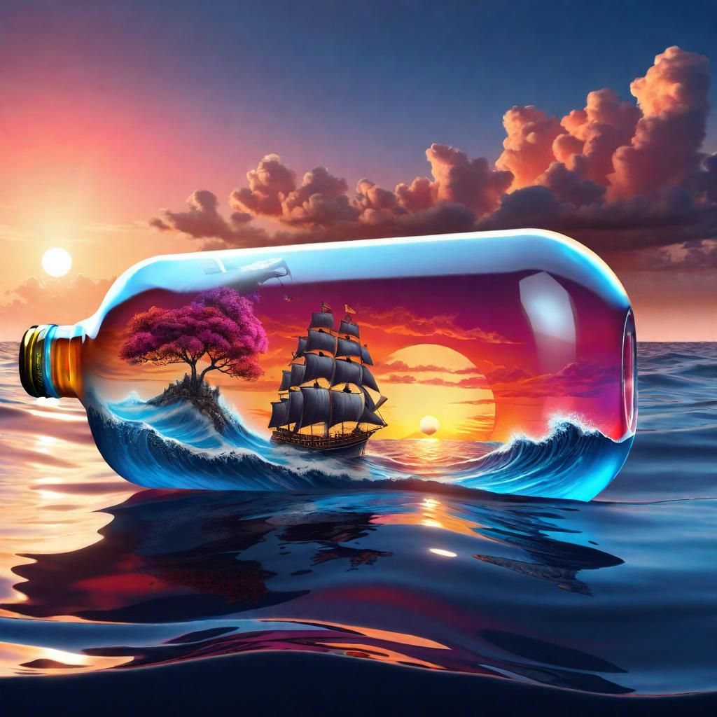Double Exposure: Ship and Bottle at Sea