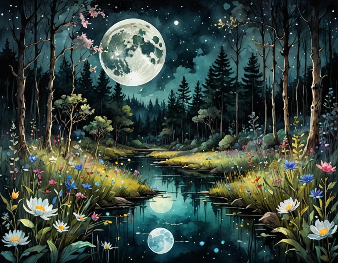 Moonlit Meadow Digital Watercolor With Constellations