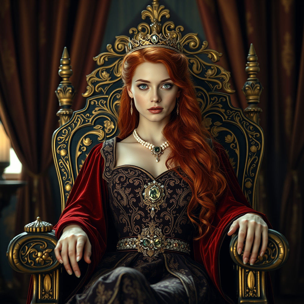 Medieval Queen on Lavish Throne in Photorealistic Detail
