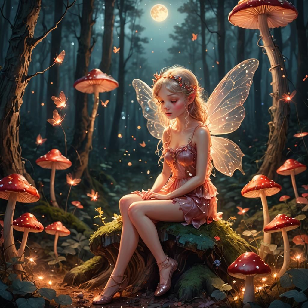 Enchanting Fairy on Mushroom in Moonlit Forest